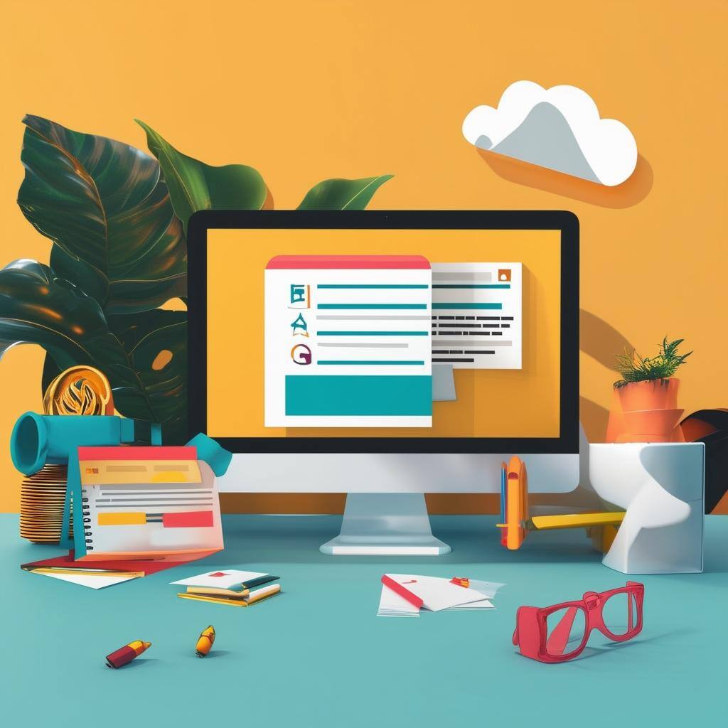 Content Strategy Brief - Colorful digital illustration of a creative workspace featuring a desktop computer with text editing windows, surrounded by stationery, glasses, plants, and playful decor—symbolizing content creation, writing, and digital productivity in a vibrant, inspiring environment.
