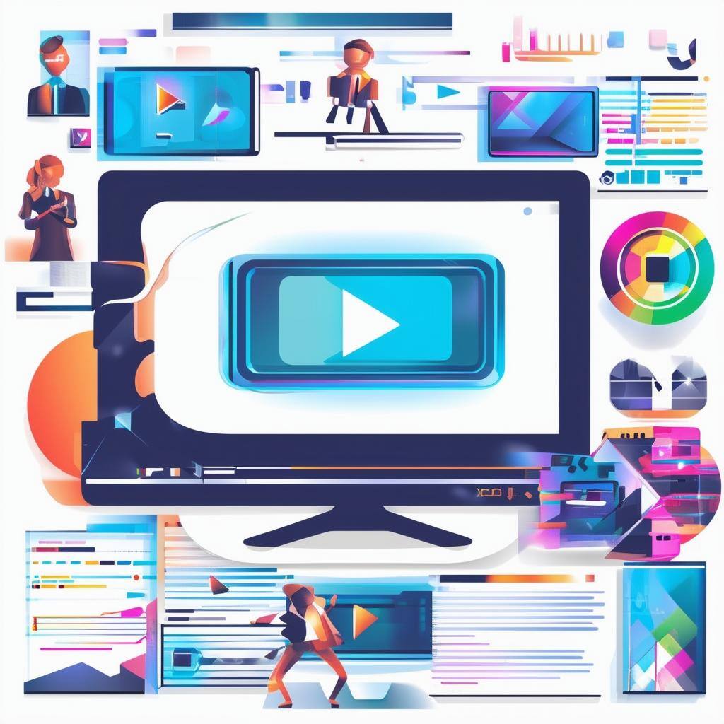 Motion Video Production Brief - Colorful digital illustration of a video content production workspace, featuring a central screen with a play button surrounded by icons, charts, devices, and people collaborating—symbolizing multimedia creation and digital storytelling.