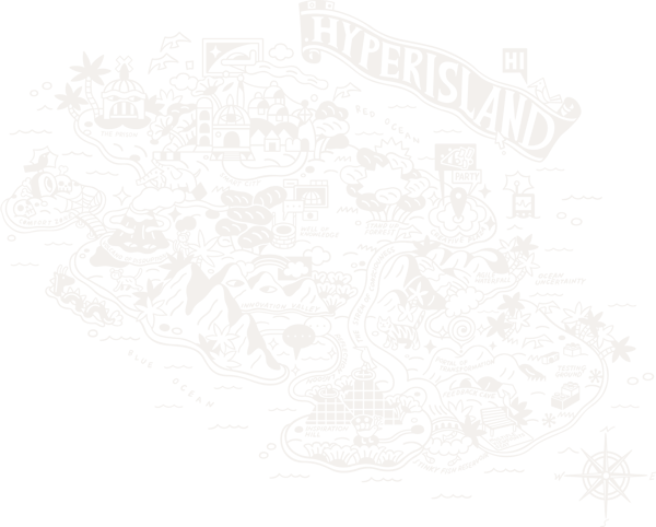 Illustration of Hyper Island, featuring symbolic locations like the Prison, Comfort Zone, Innovation Valley, Agile Waterfall, and Creative Playground, representing some of the methodologies of Hyper Island.