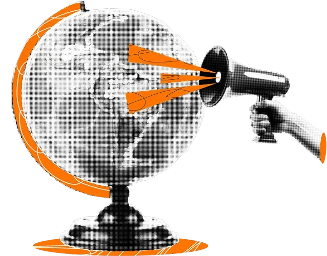 Image of a stylised globe with a hand holding a megaphone pointed towards it
