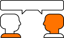 Two stylized human figures facing each other with a speech bubble between them, representing communication or dialogue.