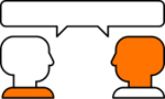 Two stylized human figures facing each other with a speech bubble between them, representing communication or dialogue.