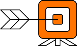 Stylized arrow pointing to a target symbol inside an orange square, suggesting goal or objective direction