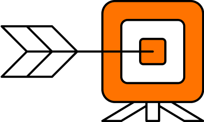 Stylized arrow pointing to a target symbol inside an orange square, suggesting goal or objective direction