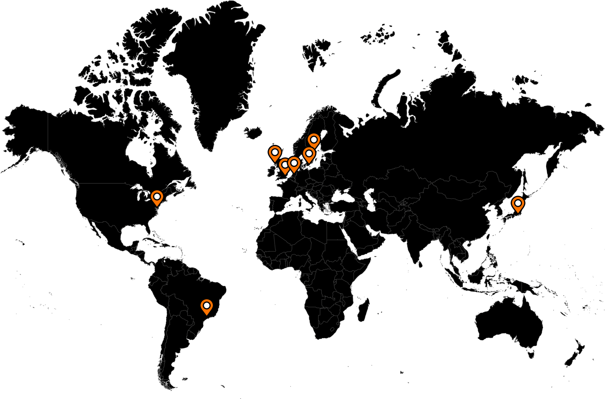 Map showcasing Hyper Island's locations - Sao Paolo, New York, Stockholm, London, Manchester, Amsterdam, Karlshamn, and Tokyo