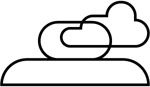 Abstract icon of two interlocking clouds above a curved platform, representing reflection habits, shared thinking, and continuous learning