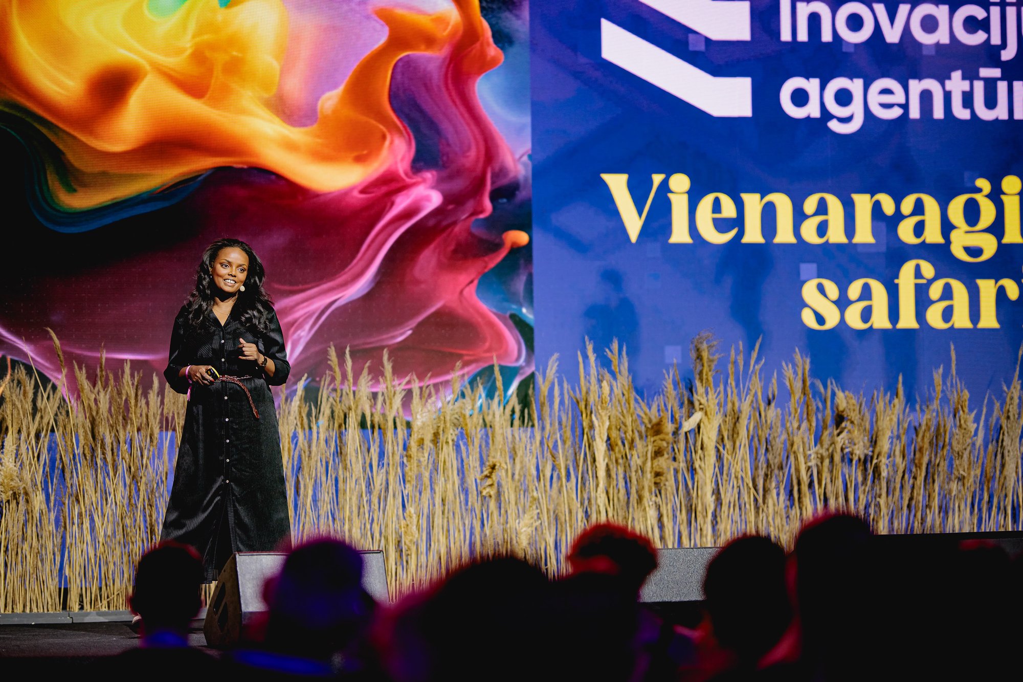 Degmo, subject of the blog post, on a stage presenting in front of people