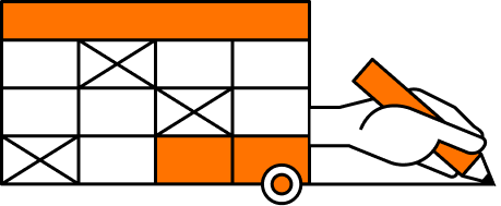 A calendar with a solid orange bar at the top, and some cells below containing black 'X' marks or solid orange fills
