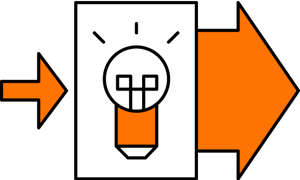 An orange arrow pointing right towards a white rectangular panel containing lightbulb with an orange base, which then leads to a larger orange arrow also pointing right.