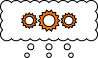 Three orange gears are contained within a cloud-shaped border, with a pattern of white dots beneath