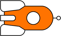 An orange, stylized rocket with white fins and a circular window faces a small white dot.