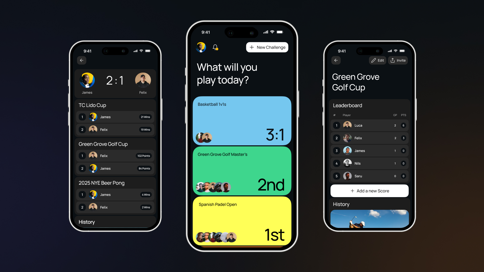 Screenshots of the Versus app interface on three smartphones, showing score tracking, leaderboards, and friendly competition features.
