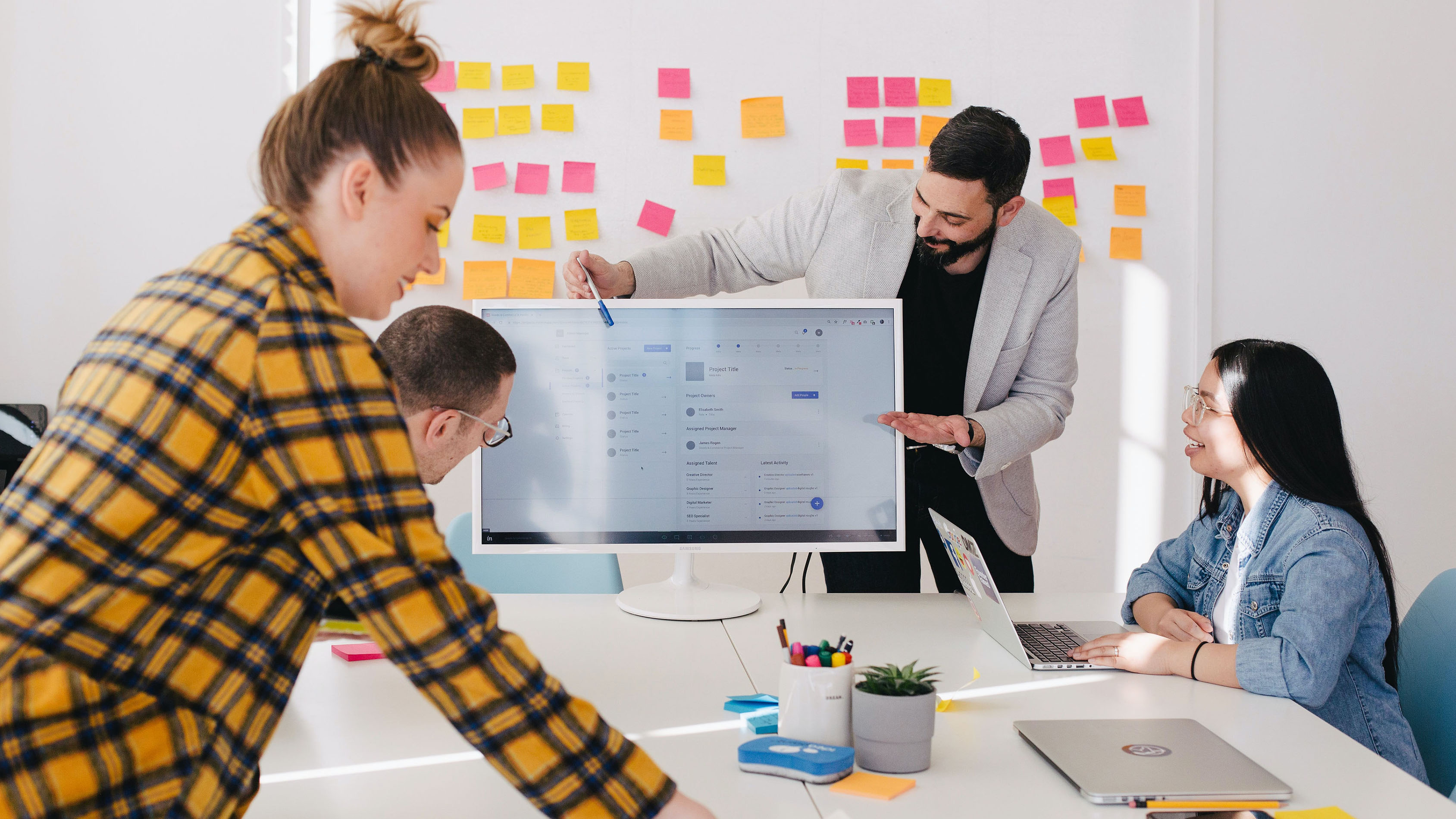 team collaborating in a modern office