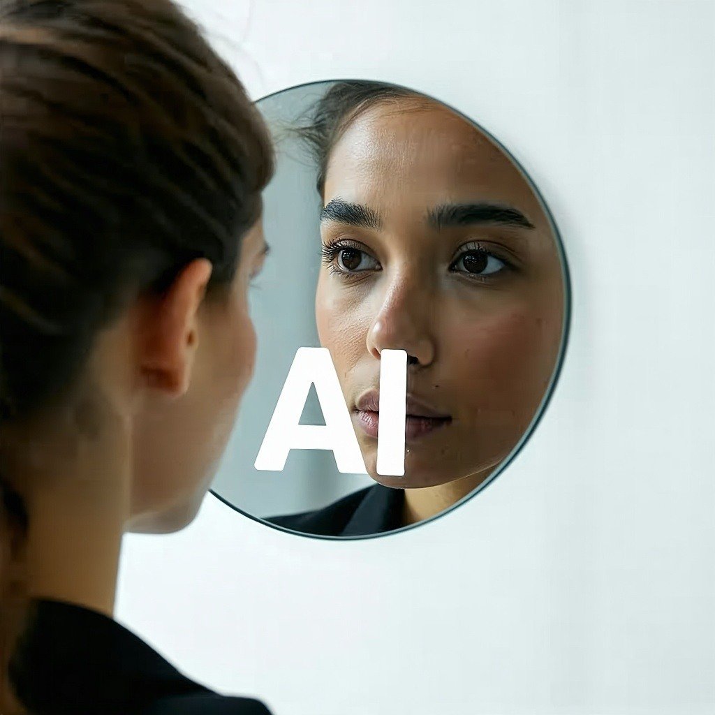 Person looking into a mirror with “AI” reflected, symbolising reflection and conscious AI use.