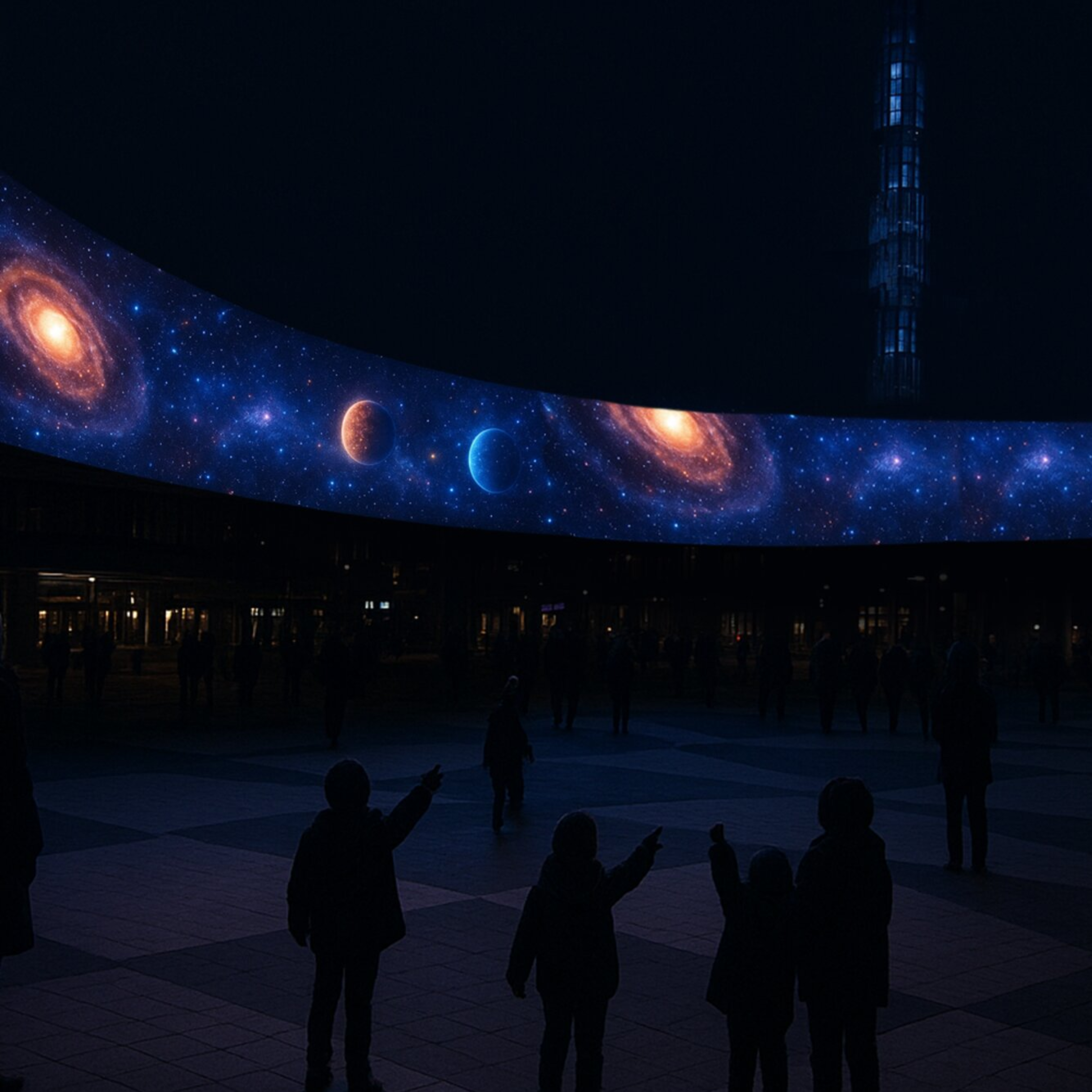 Astrofield, a sweeping galaxy-inspired light installation at Sergels torg created by Hyper Island students for Nobel Week Lights.
