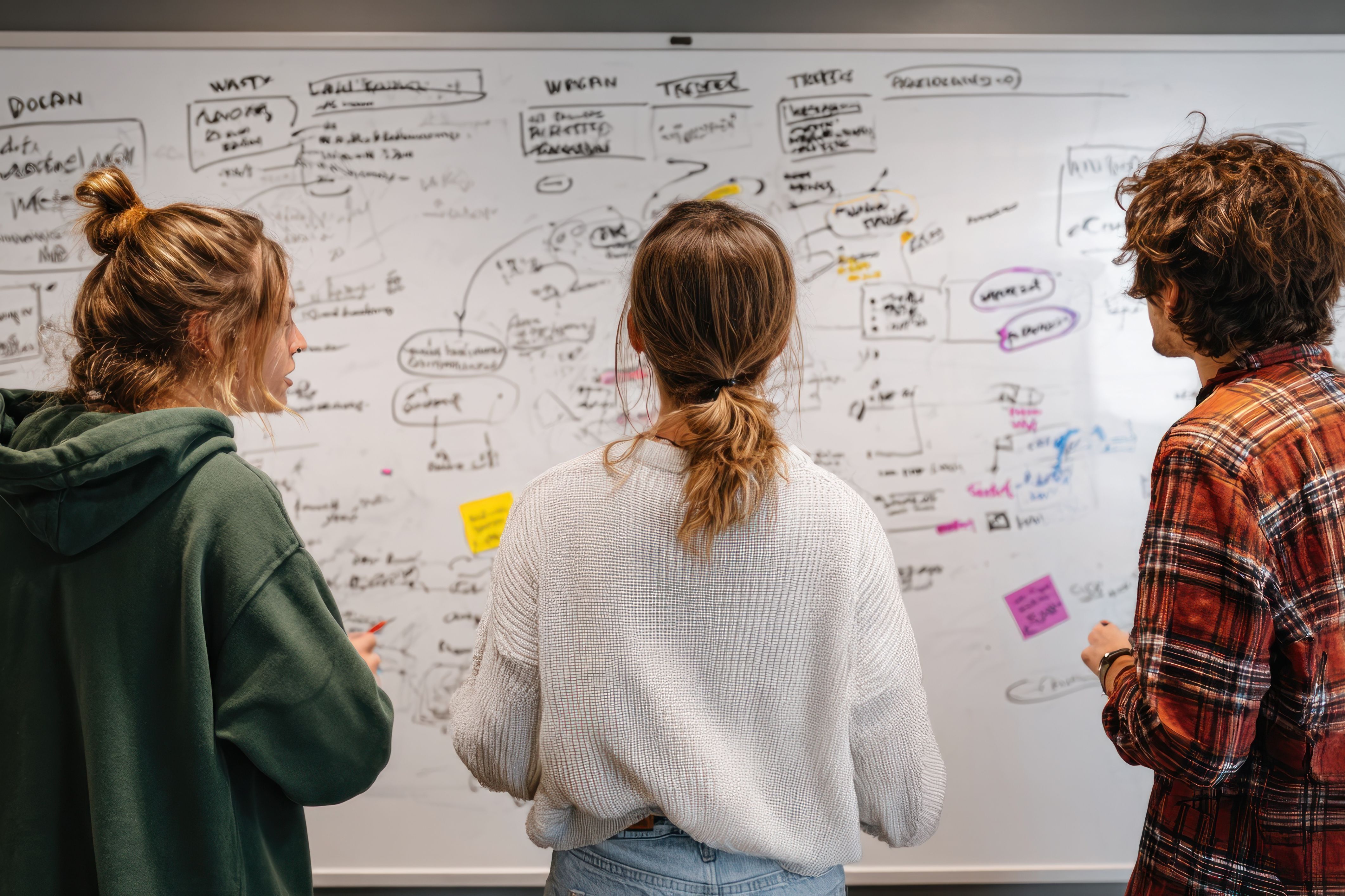 Three colleagues collaborating on a marketing campaign, brainstorming ideas and creating an intricate mind map on a large whiteboard.