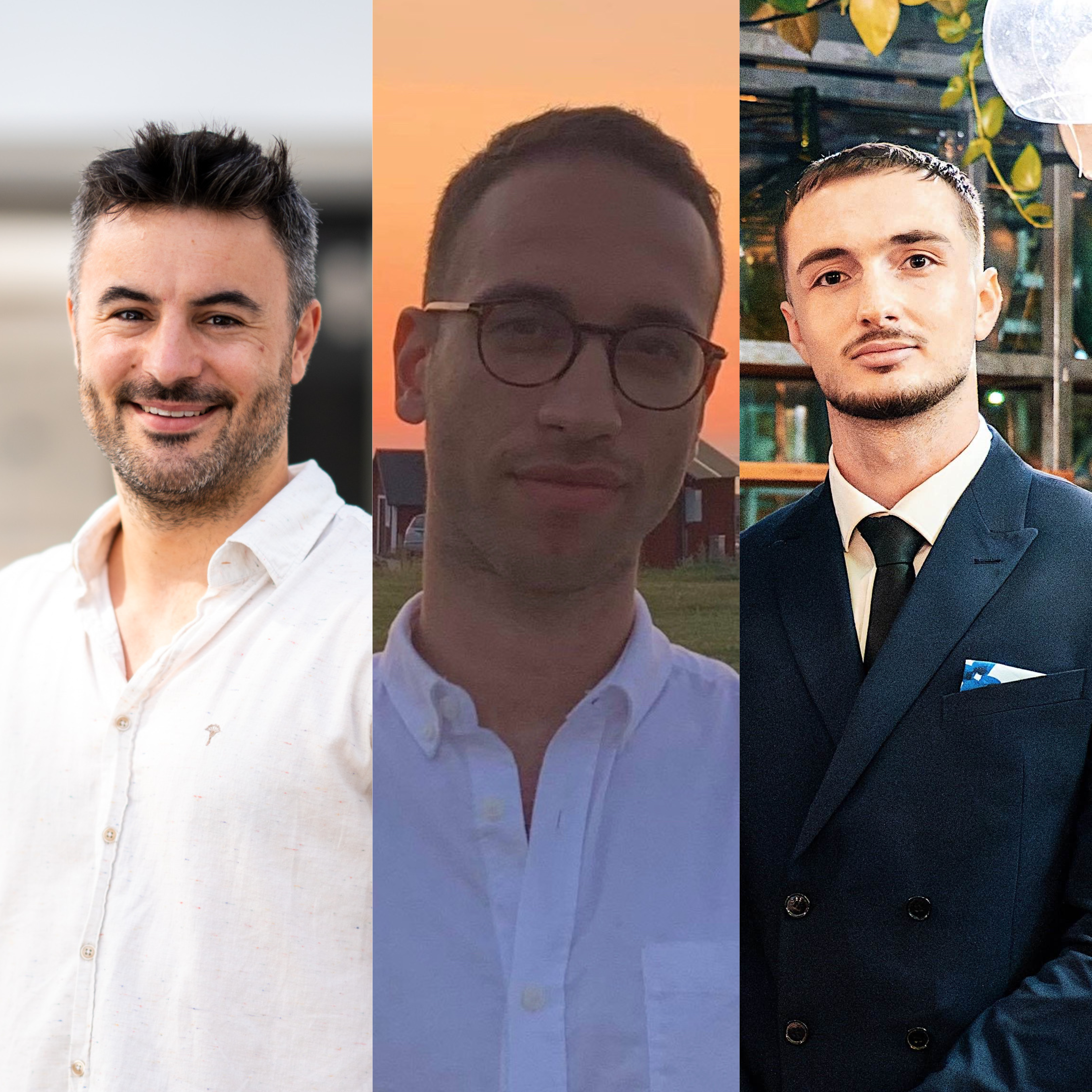 Composite image of Hyper Island alumni and Versus co-founders Felix Seifried, Daniel Karelin, and James Raper, shown in individual portraits side by side.