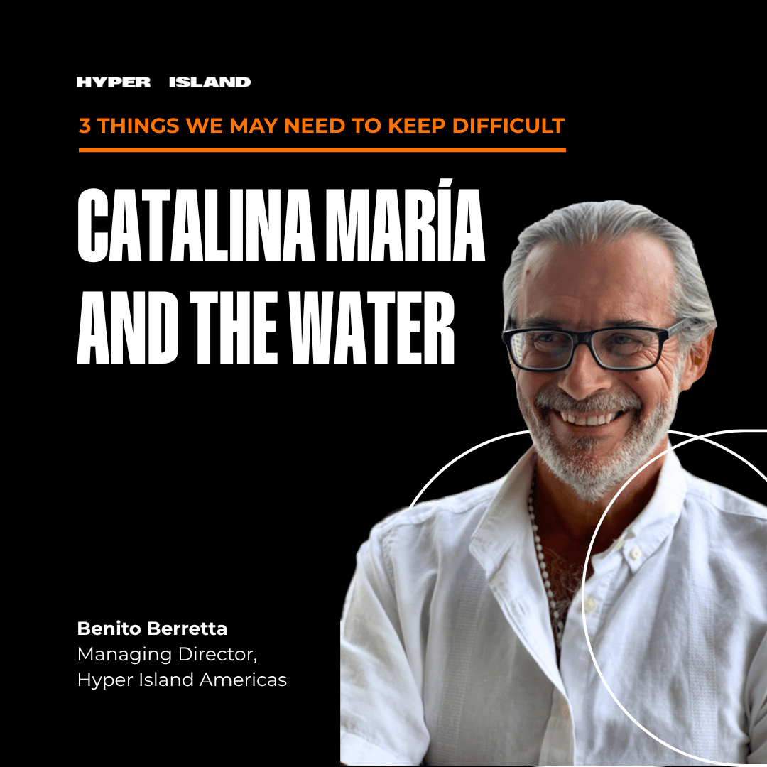Smiling picture of Benito Berretta, the author of the blog post, pasted against a black background with the blog title: Catalina Maria and the water