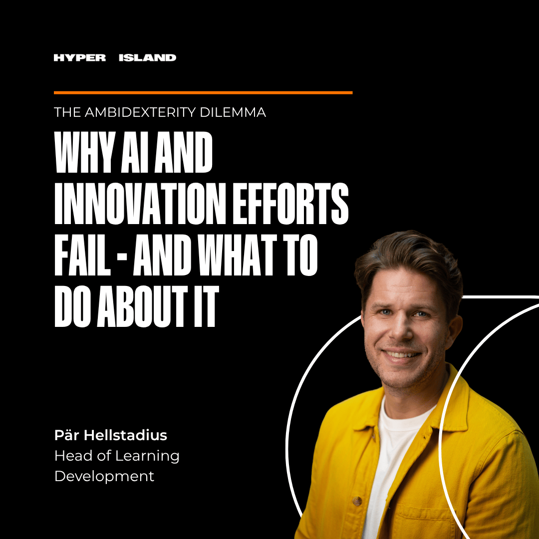 Pär Hellstadius, Head of Learning Development at Hyper Island, featured next to the headline “Why AI and innovation efforts fail — and what to do about it.”